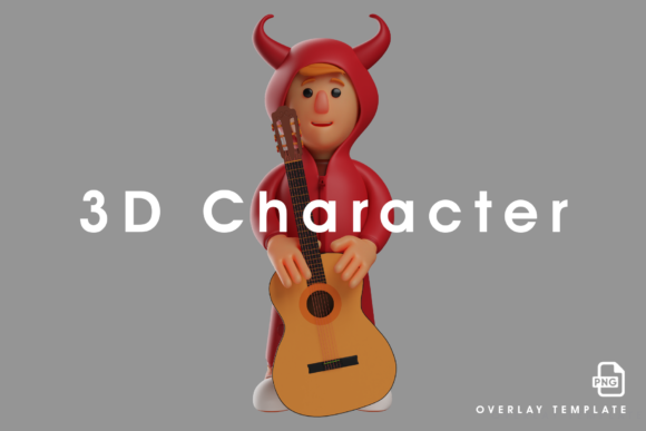 Red Devil 3D Design Standing with Guitar